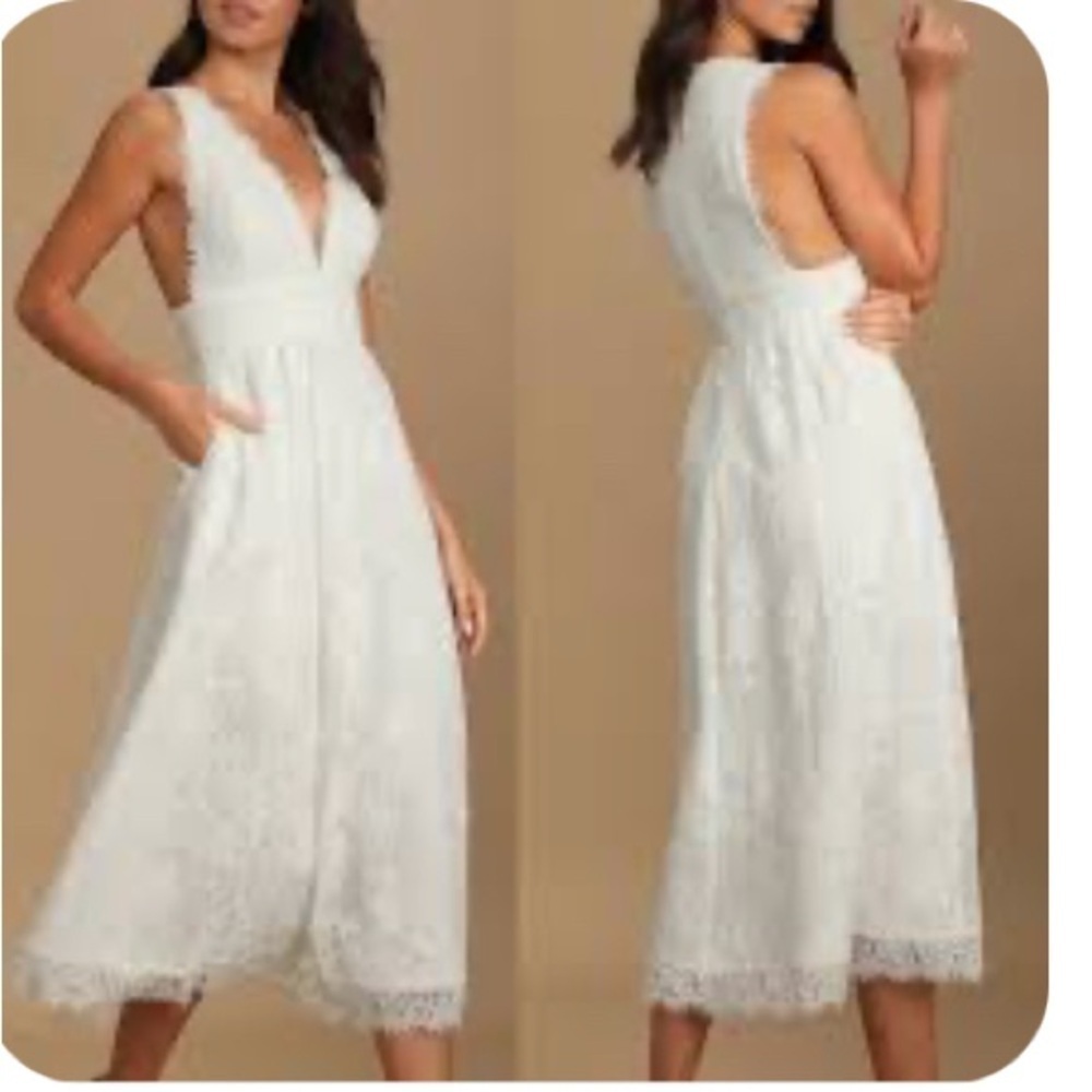 Lulus Love Celebration White Lace Vneck Sleeveless MIDI Dress Medium Bride